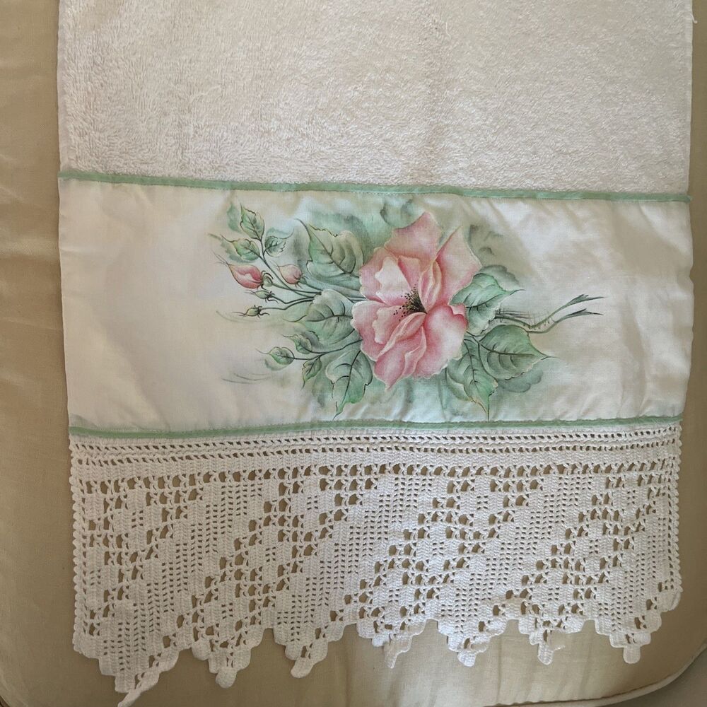 Vintage Hand Towel Vintage Painted Handmade Crochet Lace Trim 16”x 36”